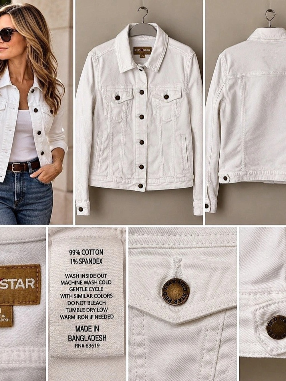 Red Star White Denim Trucker Jacket Women's Cotton Jean Jacket Size Medium